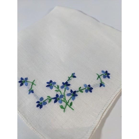 Unbranded Accessories - Vintage Embroidered Blue Flowers floral Handkerchief 9” Cottagecore Hanky Scarf